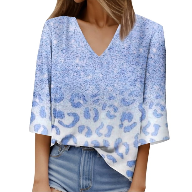 Gibobby Camiseta con cuello en V para mujer Camiseta manga corta con cuello en V y manga corta para mujer(Azul,G)