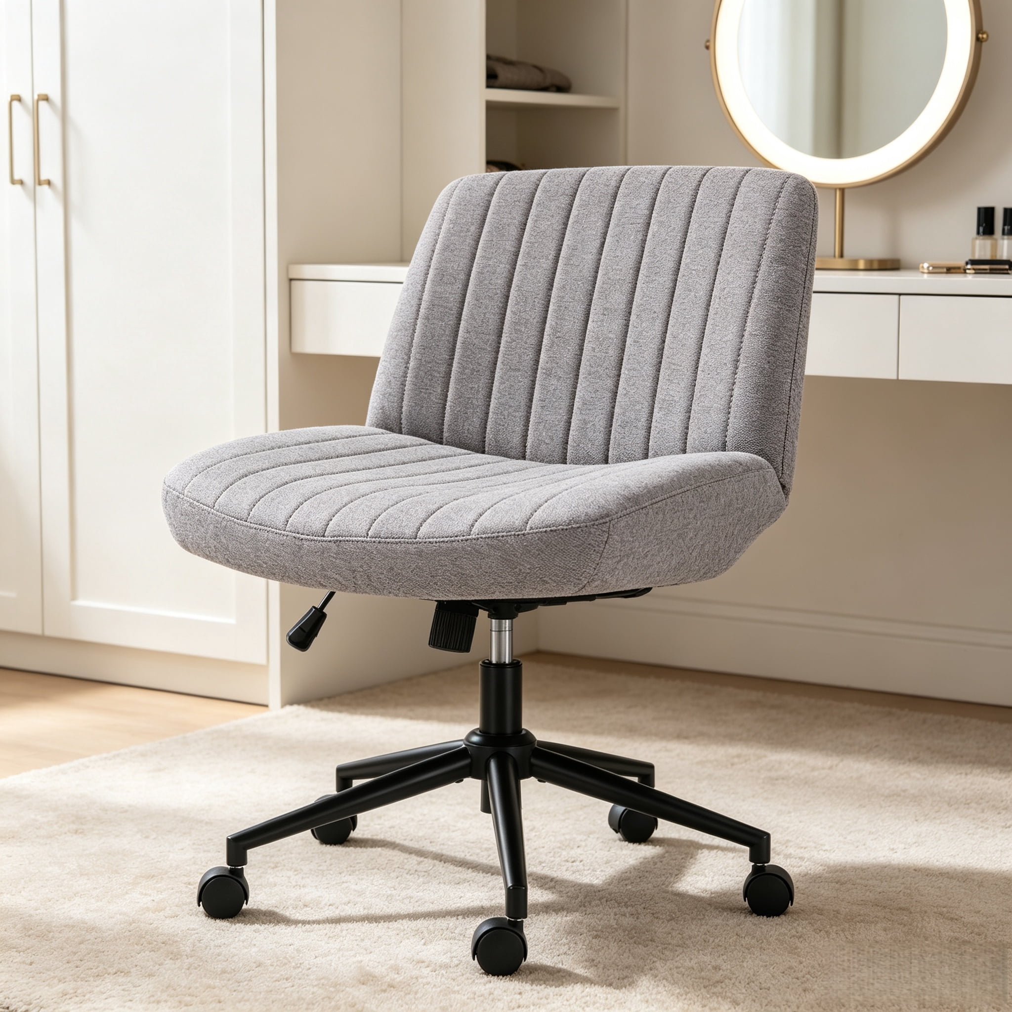 Office Desk and Vanity Chair, Armless Cross-Legged Swivel Task Chair with Wide Fabric Seat, Height Adjustment, and Replaceable Wheels or Fixed Base