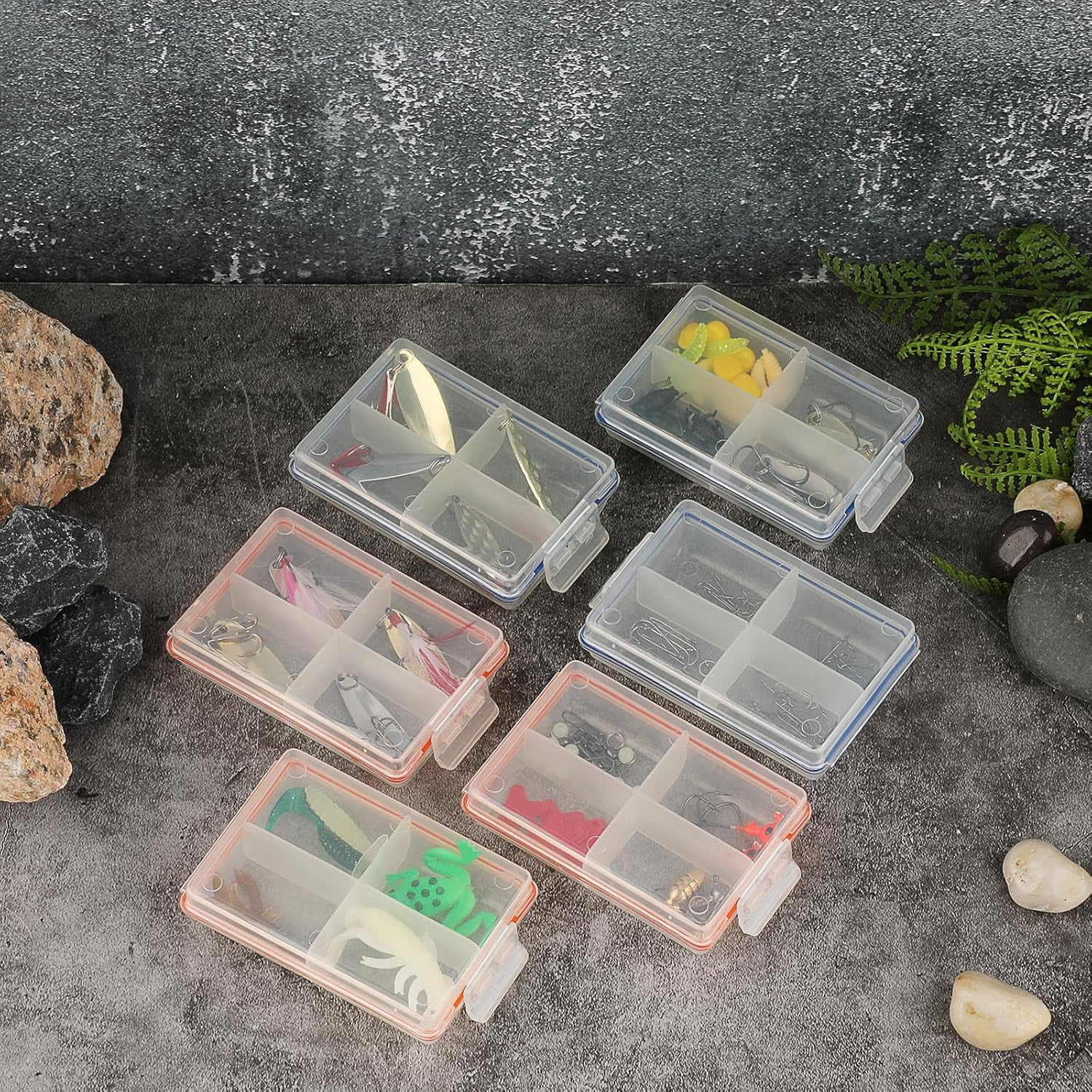 12 Pack Plastic Small Fishing Tackle Box Organizer with 4 Compartments, Clear Mini Fishing Tackle Storage Boxes with Dividers, Transparent Fish Pocket Tackle Storage Box Lure Box