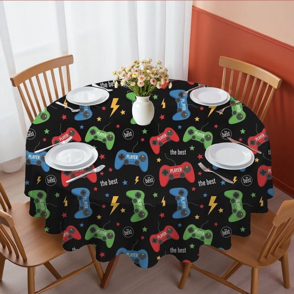 Game Controller Black Pattern Round Tablecloth 70"x70", Wrinkle Resistant Wipeable Table Cover for Kitchen Dining Room Picnic Patio and Party