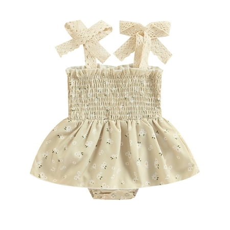 

Calsunbaby Newborn Infant Baby Girl Floral Romper Square Neck A-lined High Waist Short Bodysuit Summer Clothes Beige 18-24 Months