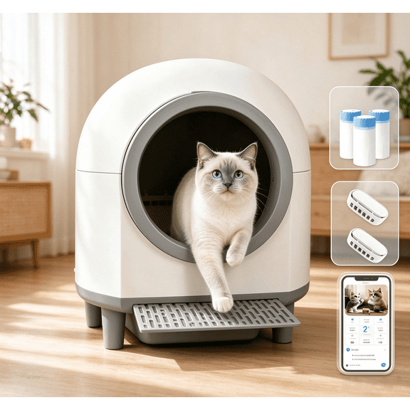 Smart Self-Cleaning Cat Litter Box with APP Control & Odor-Free Technology, Automatic Litter Box for Cats (Remote Monitoring) Cat Litter Box with Litter Control Pedal