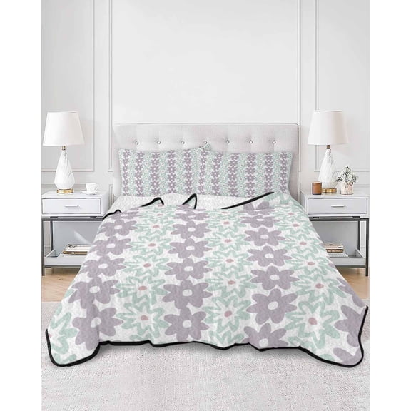 Quilts Twin XL Size, Teal Purple Floral Soft Comforter Bedding Set for Bed, Modern Abstract Art Spring Flowers Lightweight Quilted Bedspread with Pillow Cover(2 Pieces) for All Season, 68x98 Inch