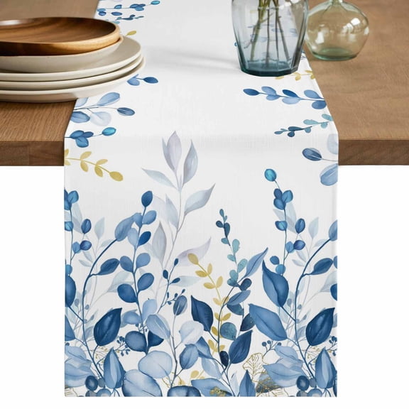 Blue Eucalyptus Table Runner, Watercolor Spring Weeping Botanical Washable Cotton Linen Table Runners 36 Inches Long, Dresser Scarf Runner for Nightstand/End Tables/Round Tables 13''x36''