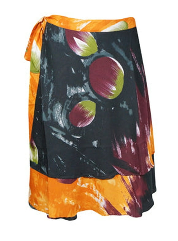 Mogul Womens Beach Black Orange Printed Sari Skirt One Size