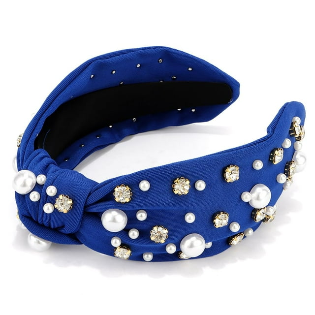 Atoden Diademas Anudadas con Diamantes de Imitación de Perlas Azul Real Diademas para Mujer Diademas Anchas con Nudo Superior Diadema con Cuentas Diademas con Joyas de Cristal para el Cabello de Mujer