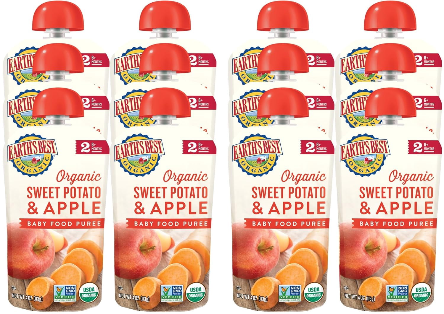 Earth's Best Organic Stage 2 Baby Food, Sweet Potato & Apple, 4 oz Pouches (12 Pack)