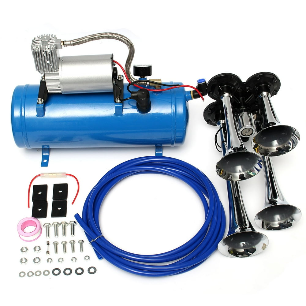 Loud 150dB 4 Trumpet Train Air Horn Blue with 120 PSI Compressor Full 12 Volt Kit
