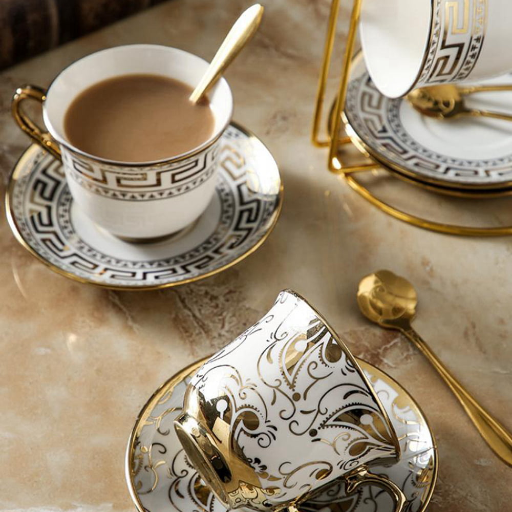 COMEONROA 20 Pcs Ceramic Tea Cup Set, Porcelain Coffee Tea Set, Elegant Cup  Set for Gifts, Adult, Gilded Rose