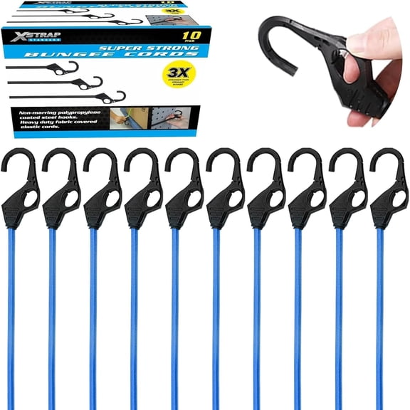 XSTRAP STANDARD Heavy Duty Bungee Cords 10PK Premium Bungee Cords with Finger-Hole Hooks for Camping, Car, Truck, Tents, Luggage Rack, and Cargo (10pcs Blue, 24inch)