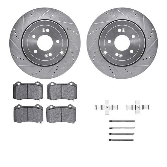Dynamic Friction Company Rear Brake Rotors-Drilled and Slotted-Silver with 5000 Euro Ceramic Brake Pads includes Hardware 7612-03002