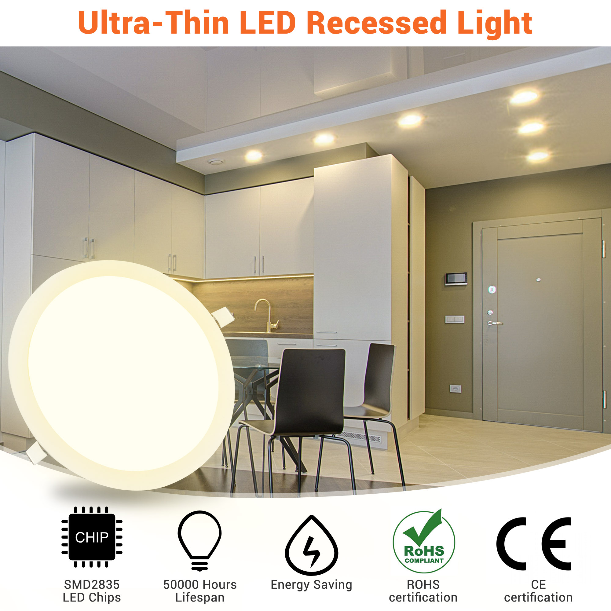 DELight Inch LED Recessed Light Ultra-thin Ceiling Panel 3000K Wafer Downlight  12W Eqv 100W Warm White 960LM Brightness ROHS Certified