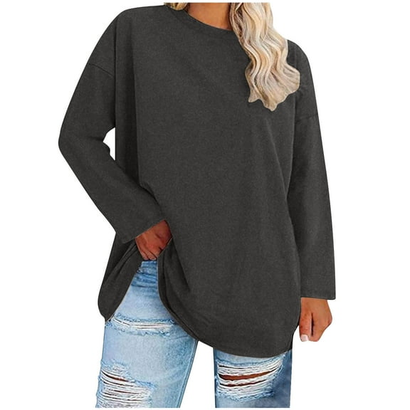 Womens Plus Size Tops, Oversized T Shirts for Women Fall Casual Loose Fit Solid Color Crewneck Long Sleeve Shirts