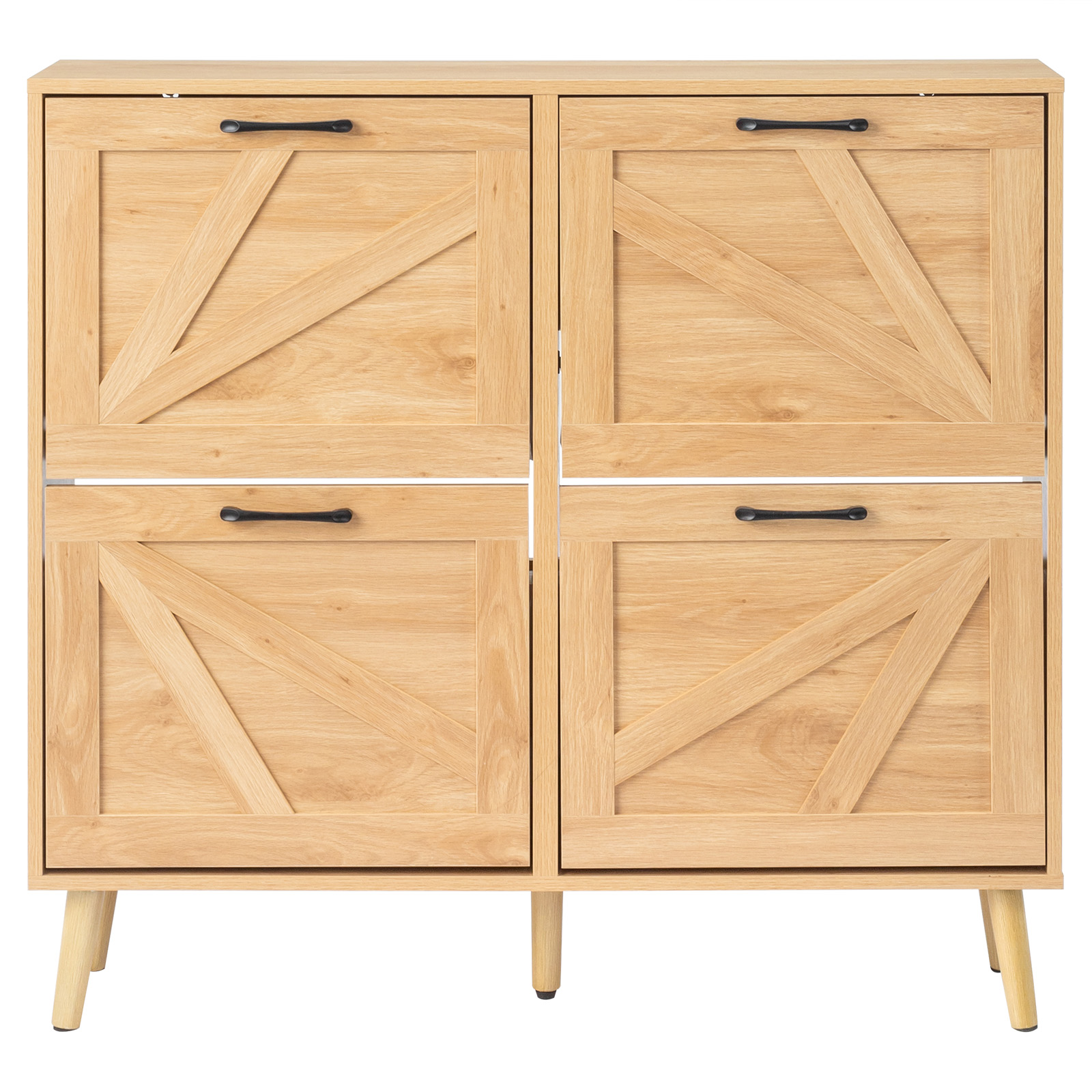 AsterOutdoor Natural Wood Finish Barn Door Flip Top Shoe Cabinet 4 Compartments Textured Relief Surface Triple Amine Laminated Particle Board Solid Wood Legs