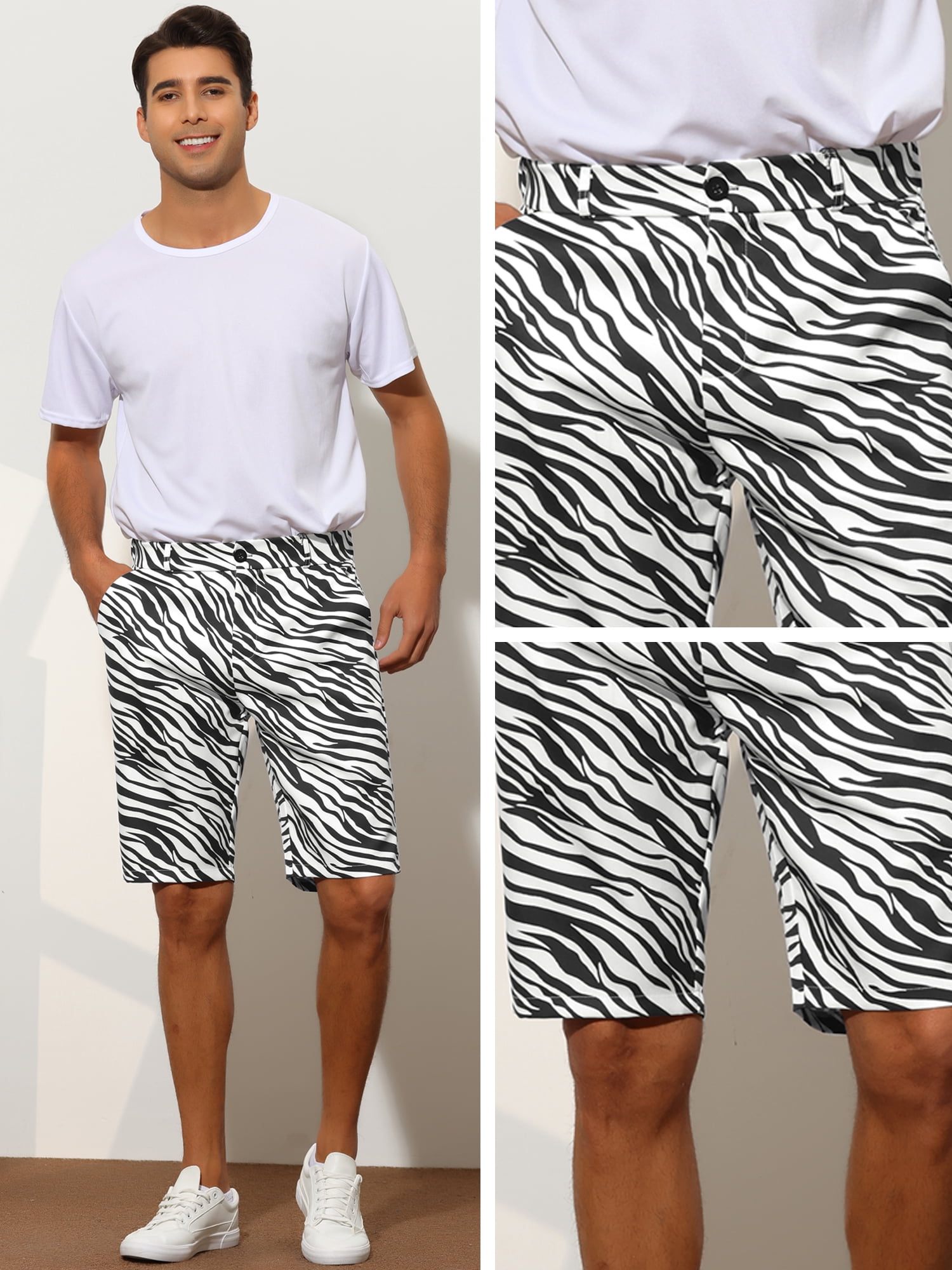 Unique Bargains Men's Animal Printed Shorts Regular Fit Summer Golf Shorts Pants 32 Zebra Print