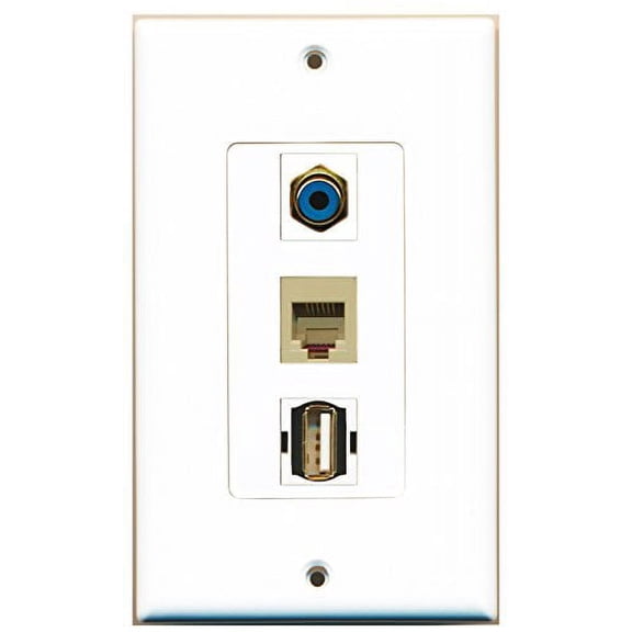 RiteAV - 1 Port RCA Blue and 1 Port USB A-A and 1 Port Phone RJ11 RJ12 Beige Decorative Wall Plate Decorative