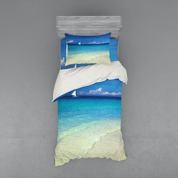 Ambesonne Tropical Bedding Set 3 Pcs, Exotic Seashore View, Twin, Turquoise Cream
