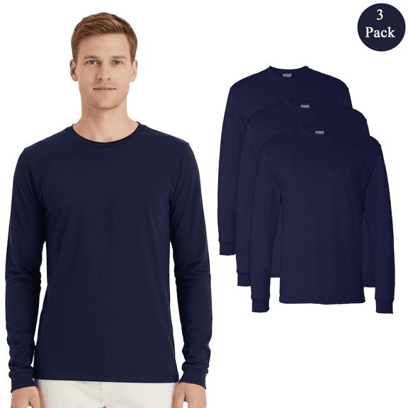 Hanes Men's Essential-T Long Sleeve T-Shirt, 100% Cotton, Classic Fit, Navy Color Crewneck Tee, 3-Pack, S
