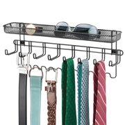 mDesign Steel Wall Mount Tie/Belt Organizer Rack, 8 Hooks/Storage Basket, Black