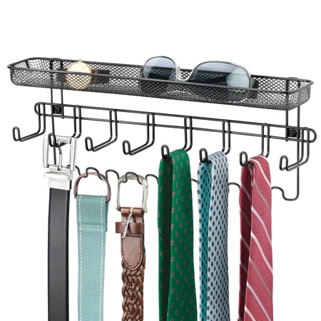 mDesign Steel Wall Mount Tie/Belt Organizer Rack, 8 Hooks/Storage Basket, Black