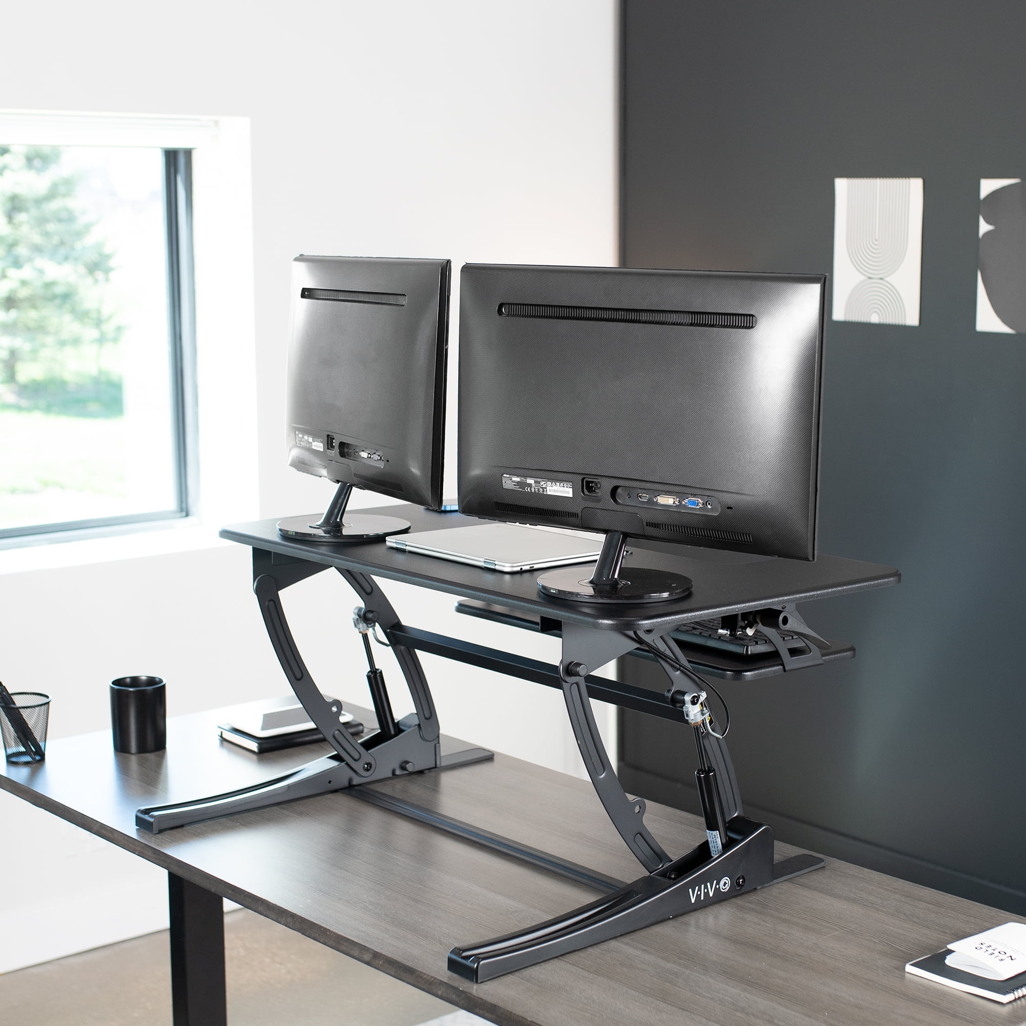 VIVO Black Height Adjustable Standing Desk Monitor Riser Tabletop Sit to Stand