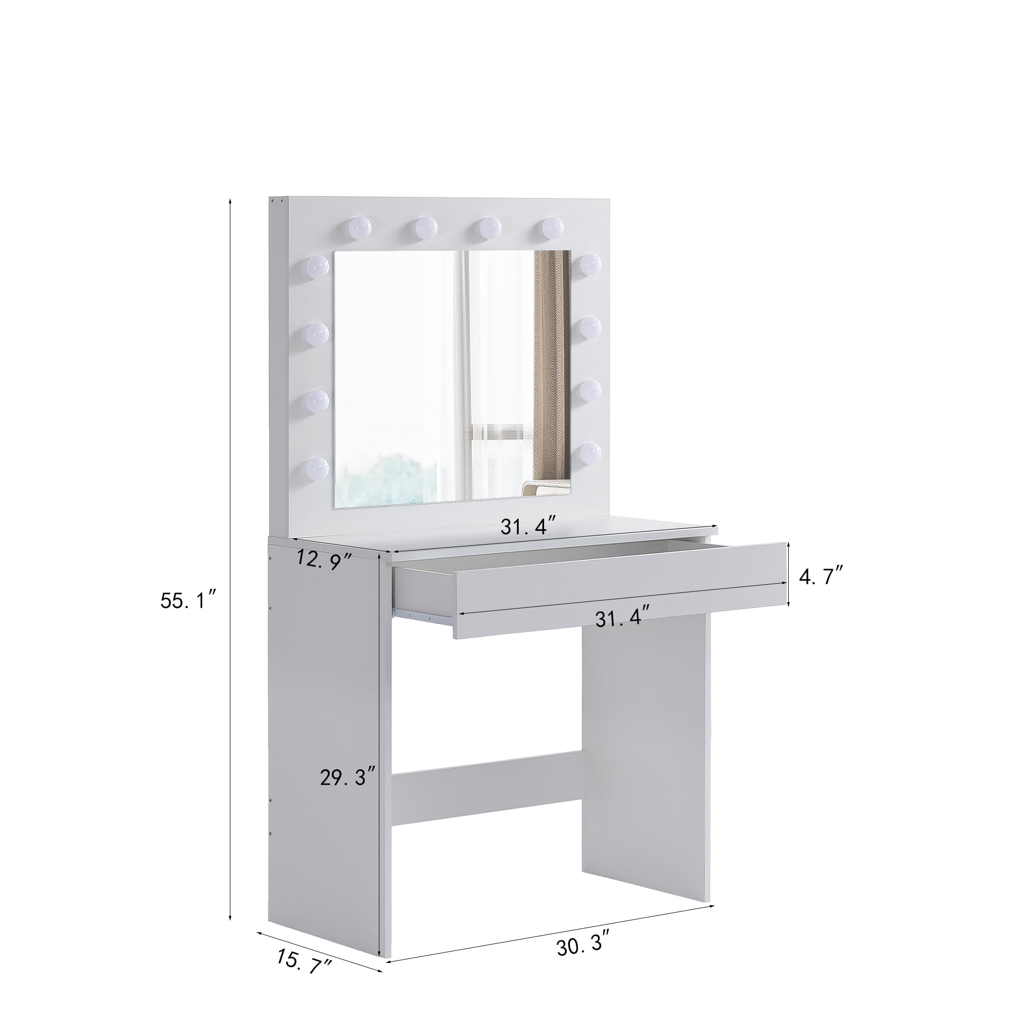 Kadyn Vanity Table with Large Lighted Mirror, Makeup Vanity Dressing Table with Drawer, White