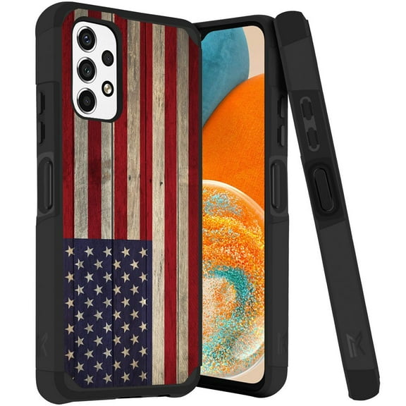 ANJ Rugged Dual Layered Shockproof Slim Hybrid Case Tempered Glass Cover Compatible with Samsung Galaxy A23 5G - American Flag on Wood