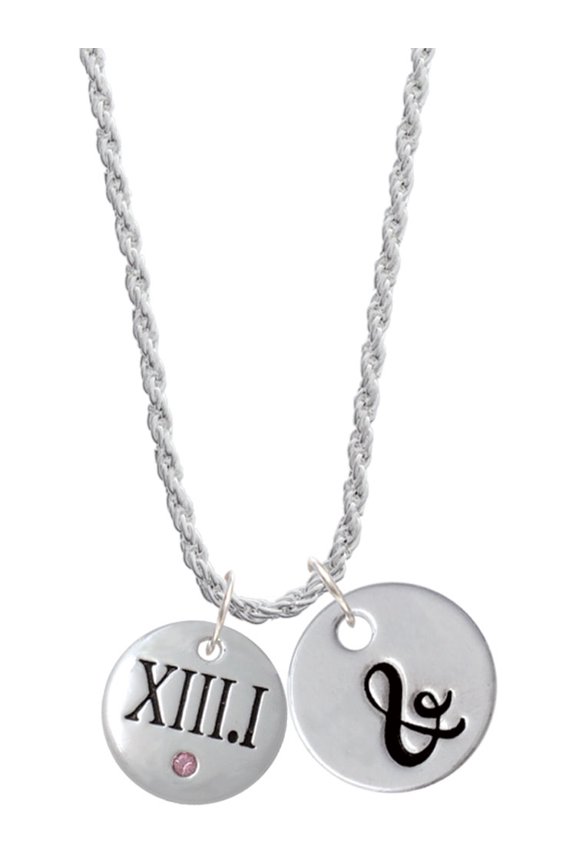 Silvertone Half Marathon with Pink Crystal Roman Numeral Silvertone Script Initial Disc - & - Charm Necklace, 20"+3"