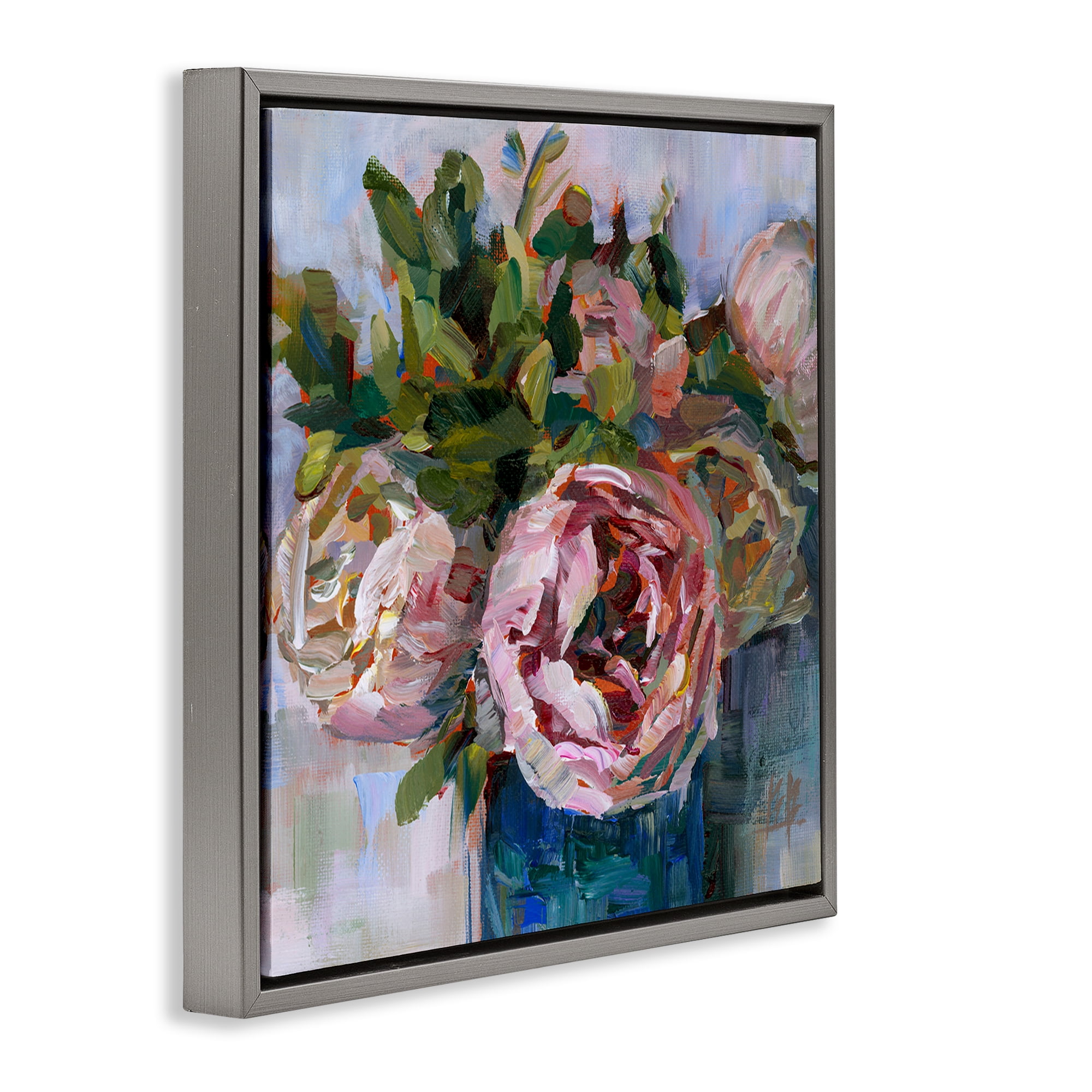 Stupell Industries Full Ranunculus Bouquet Botanical & Floral Painting Gray Floater Framed Art Print Wall Art, 18 x 18