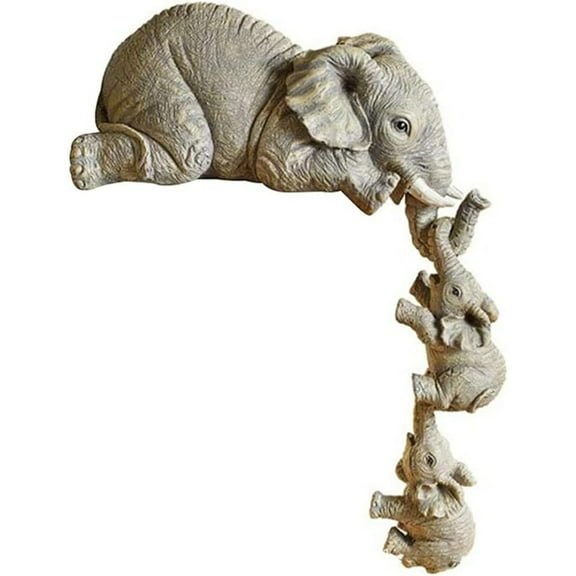 Elephant nanny hand-painted resin statue of mother and two babies hanging on the edge of the shelf table decoration, suitable for home decoration, holiday gift