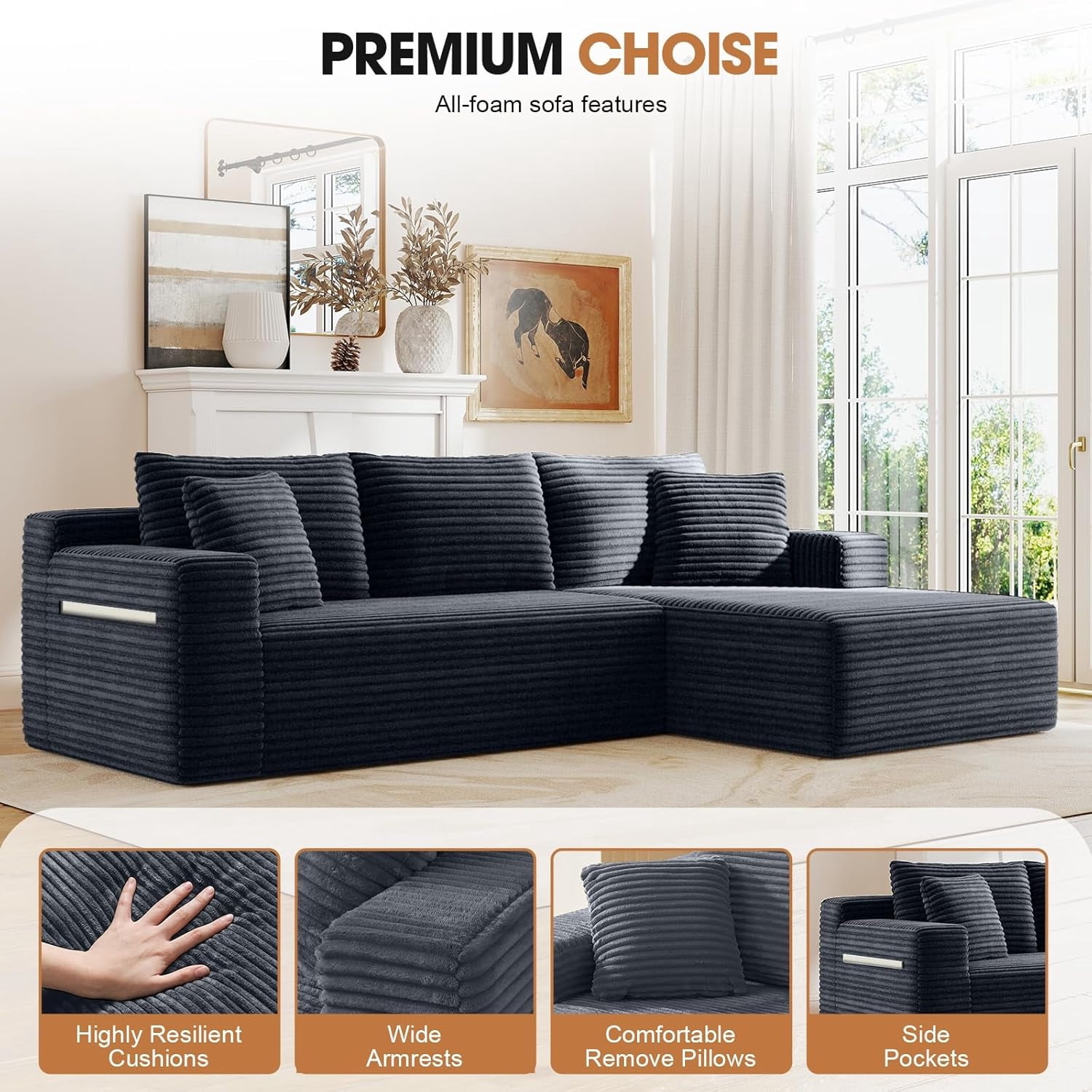 MOONMISS L-Shaped Cloud Sectional Couch with Chaise,Modern Corduroy Upholstered Modular Boneless Sofa,No Assembly for Living Room Apartment(Gray,Right)