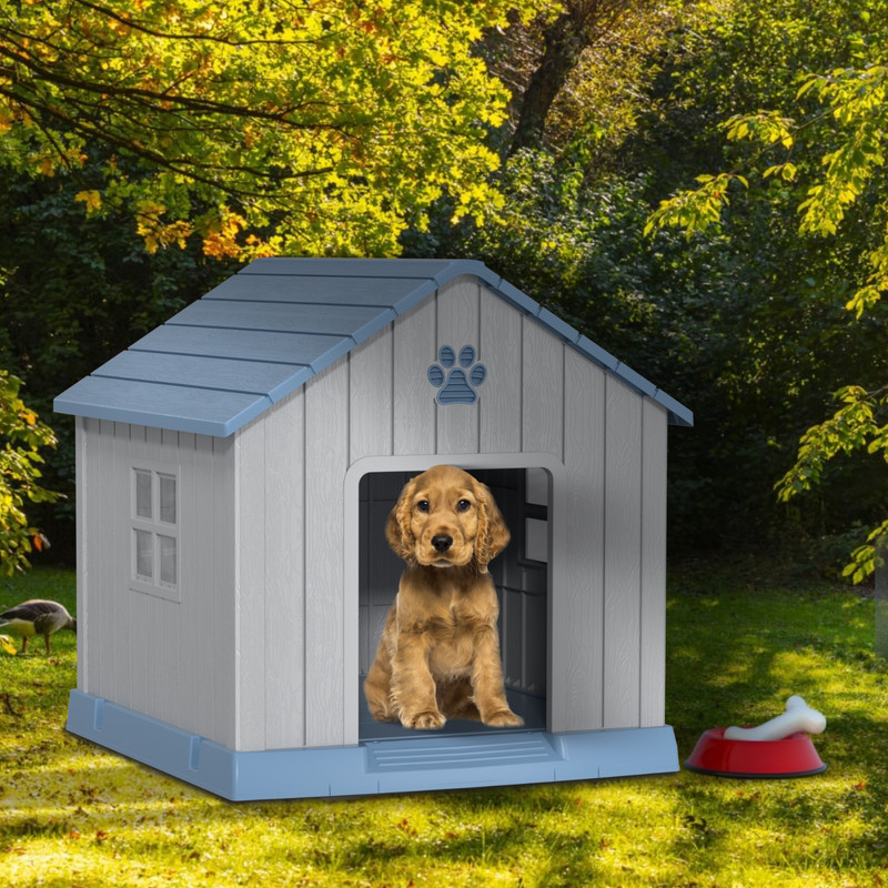 ENNSOO 31-Inch Plastic Outdoor Indoor Dog House with Waterproof, Elevated Floor & Air Vents, Blue
