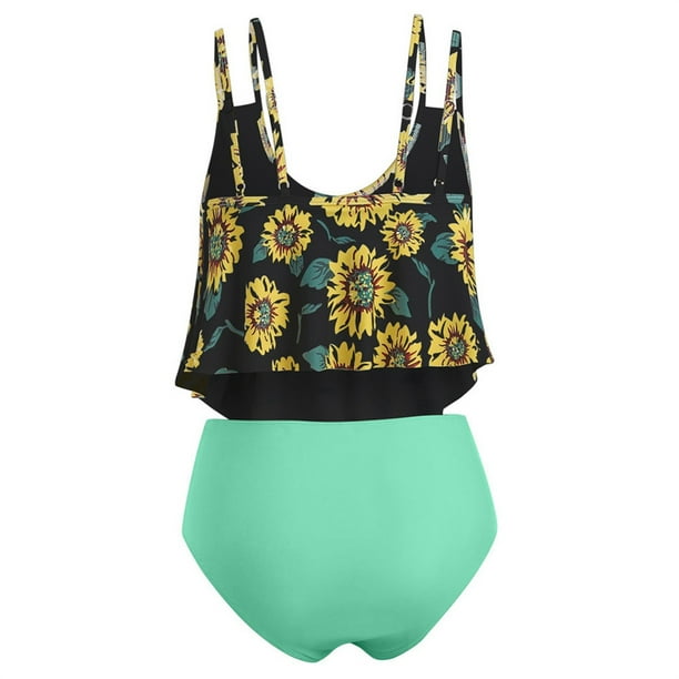 Women's Cute Tankini Sunflower Bikini Cami Swimsuit High Waisted Bottom