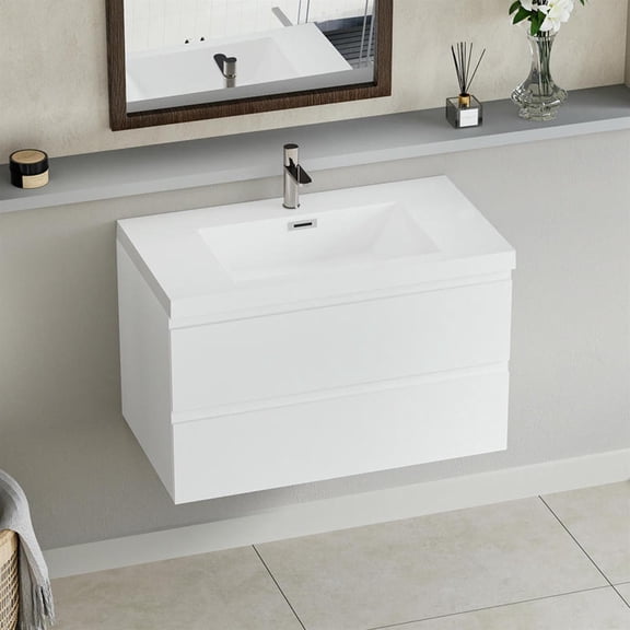 Demi Bonn 36" Floating Bathroom Vanity with Sink, Resin Top Basin and 2 Soft Close Drawers, Faucets and Drains Not Included, White