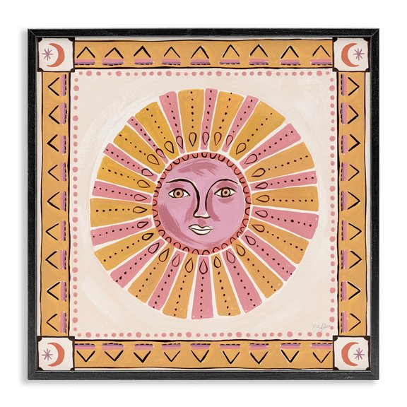 Stupell Industries Eclectic Pink Sun Face with Geometric Border Black Framed Giclee Art, 12 x 12, by Two If By Sea Studios