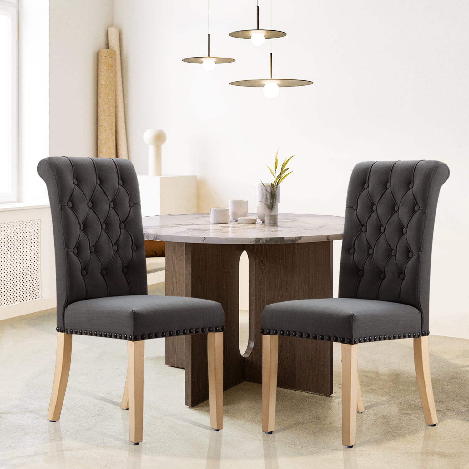 Foredo Fabric Dining Chairs Set of 2, Linen Upholstered Dining Chair with Tufted Back and Solid ...