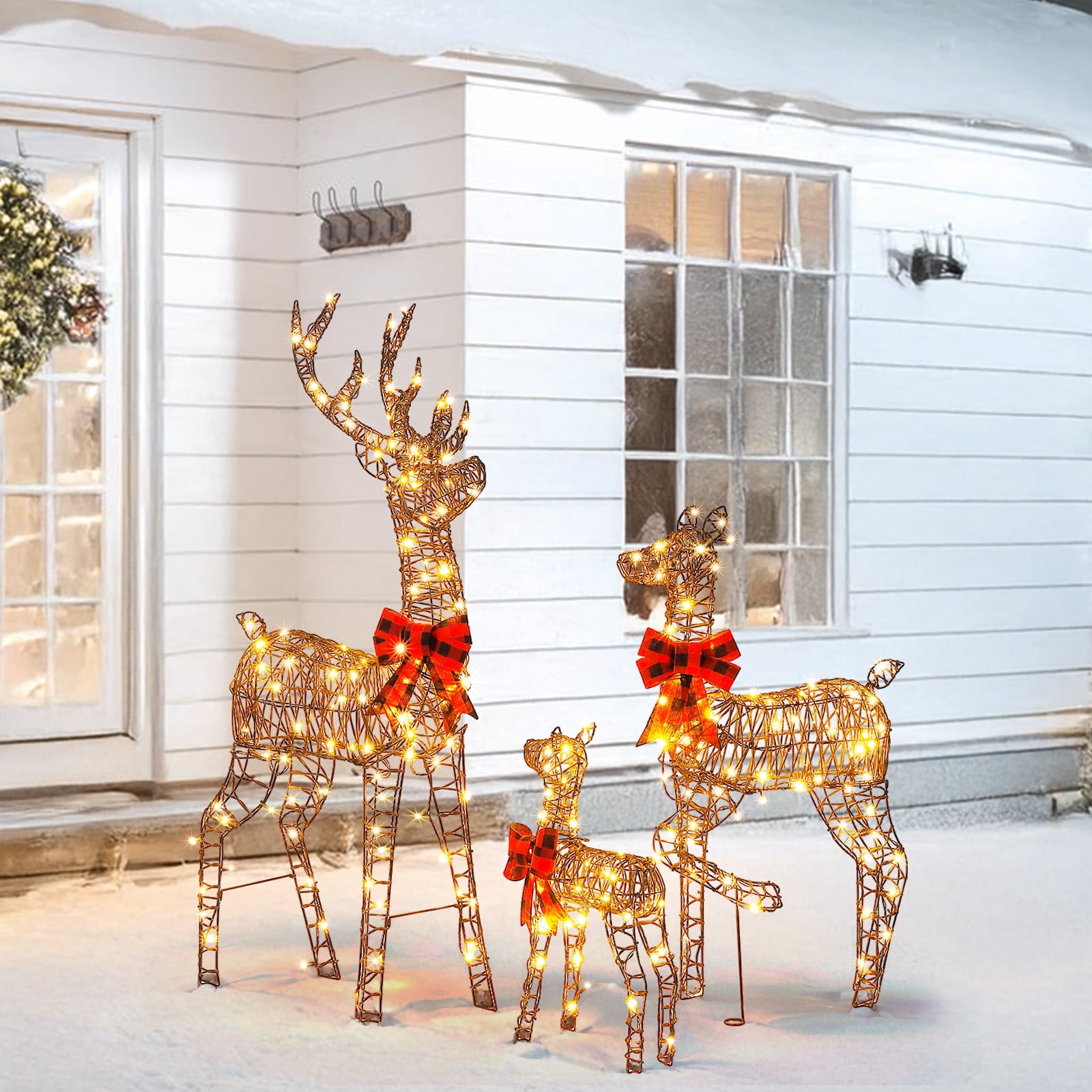 Astoutdoor 3-Piece Lighted Christmas Reindeer Family Set, Weather-Resistant Rattan, 290 Warm White LED Lights, 5 ft, White