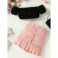 thumbnail image 3 of Bagilaanoe 2Pcs Little Girls Skirt Set Off-Shoulder Short Sleeve Crop Tops + Pleated Skirt with Belt 3T 4T 5T 6T 7T 8T Kids Casual Outfits, 3 of 9