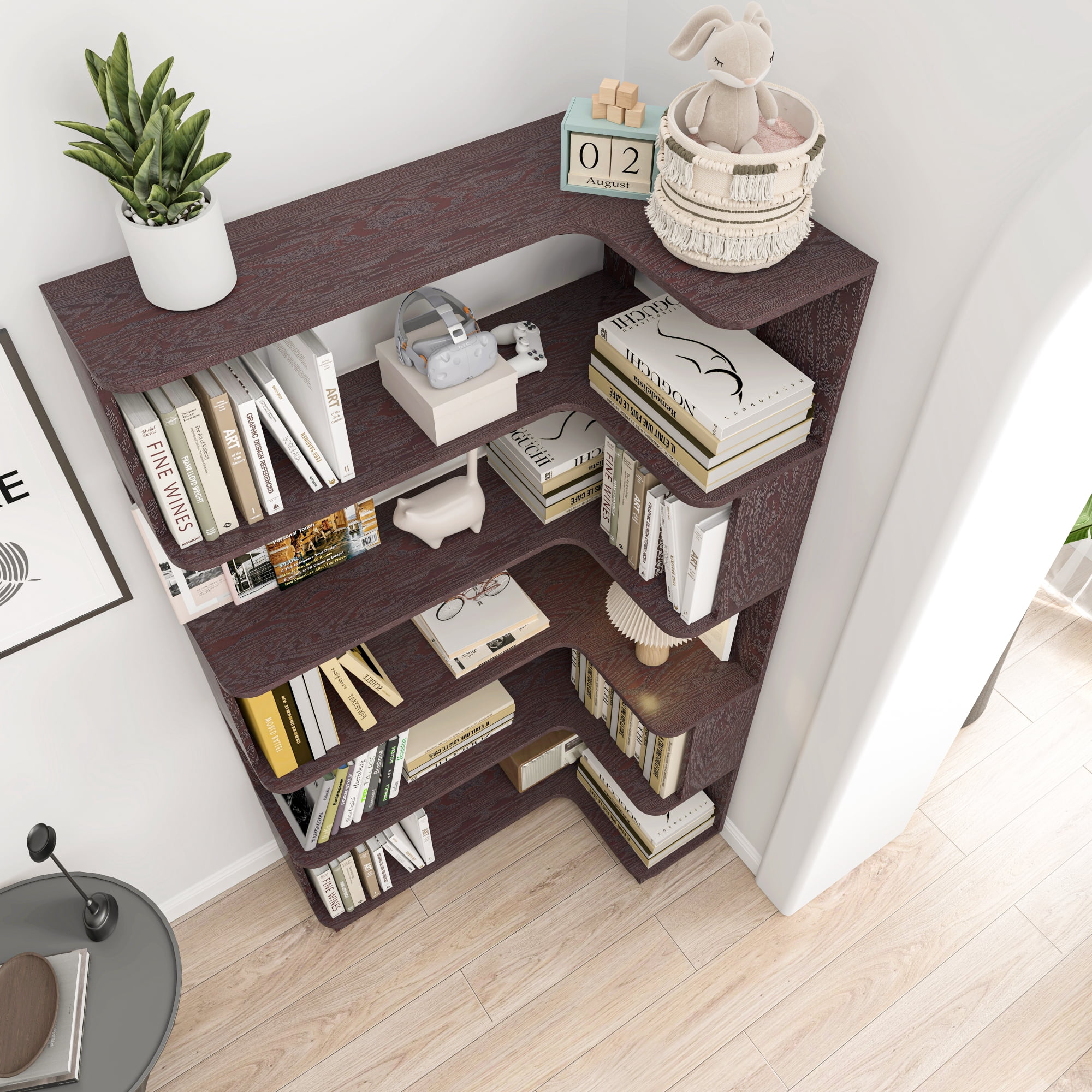 Leumius 5 Tier Freestanding Bookshelf,Wooden L-Shaped Corner Bookcase with Anti-drop Panel and Anti Tipping Device, Display shelf Open Storage,Ox Blood Red