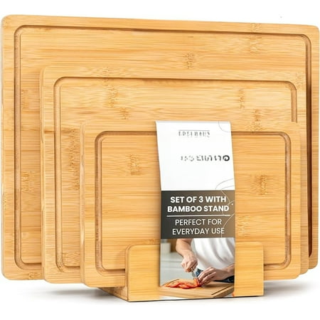 Acacia Wood Cutting Board for Kitchen, Non-Toxic Cutting Board Set of 3, Chopping Boards with Deep Juice Groove for Meat, Cheese & Vegetables - Durable & Double sided with serving Compartments-tss