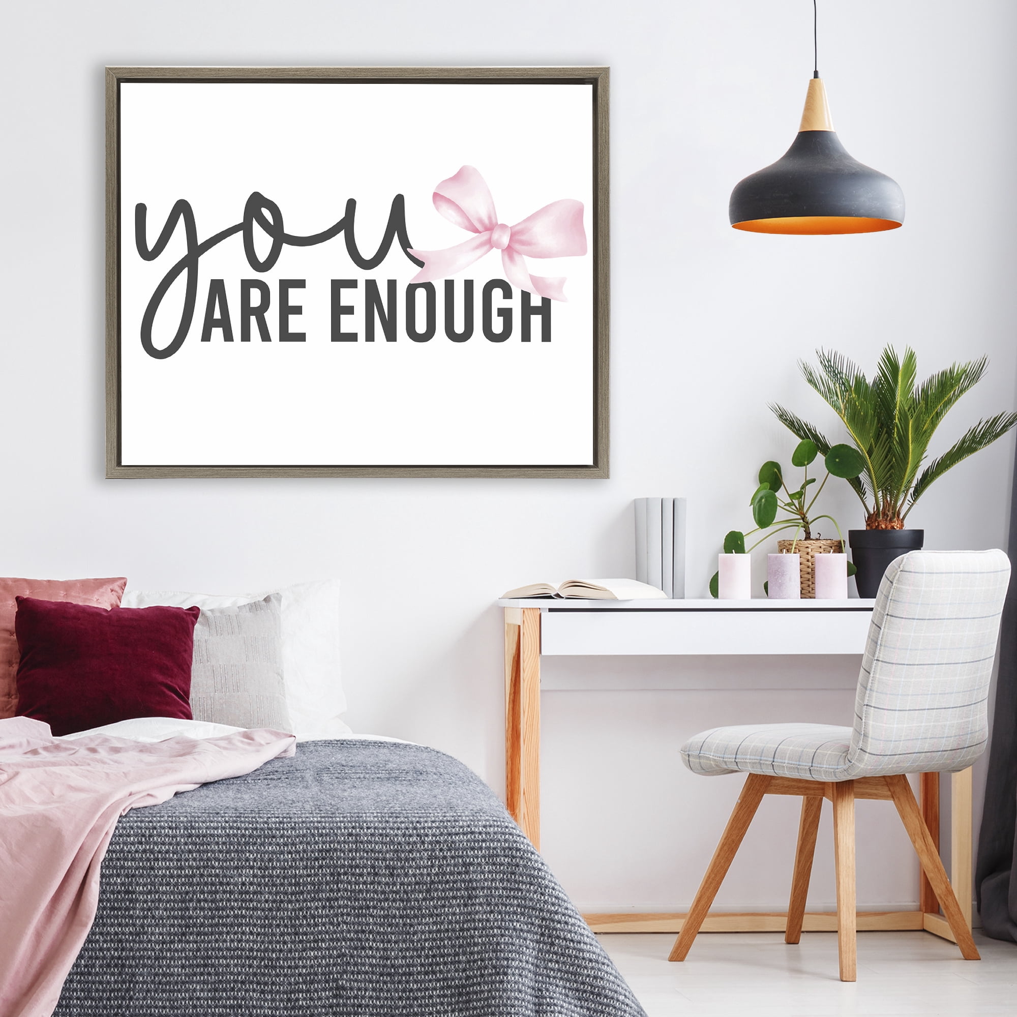 Stupell Industries You Are Enough with Ribbon Brown Framed Floater Canvas Wall Art, design by Kim Allen