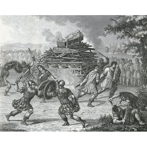 Gladiators Fighting During Funeral Games In Ancient Rome. From A 19Th