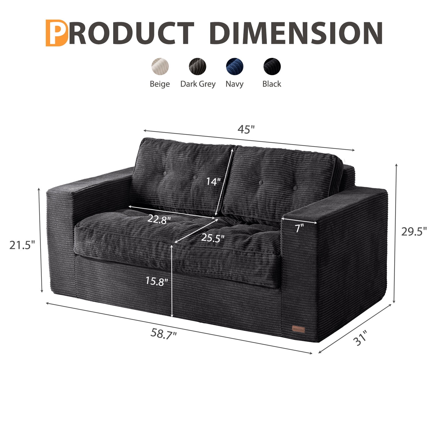 BYBYME Bean Bag Chair Sofa for Adults,Giant Large Loveseat Boneless Couch with Tufted Cushion & Backrest,Comfy Chair Lazy Sofa for Bedroom Living Room,Black