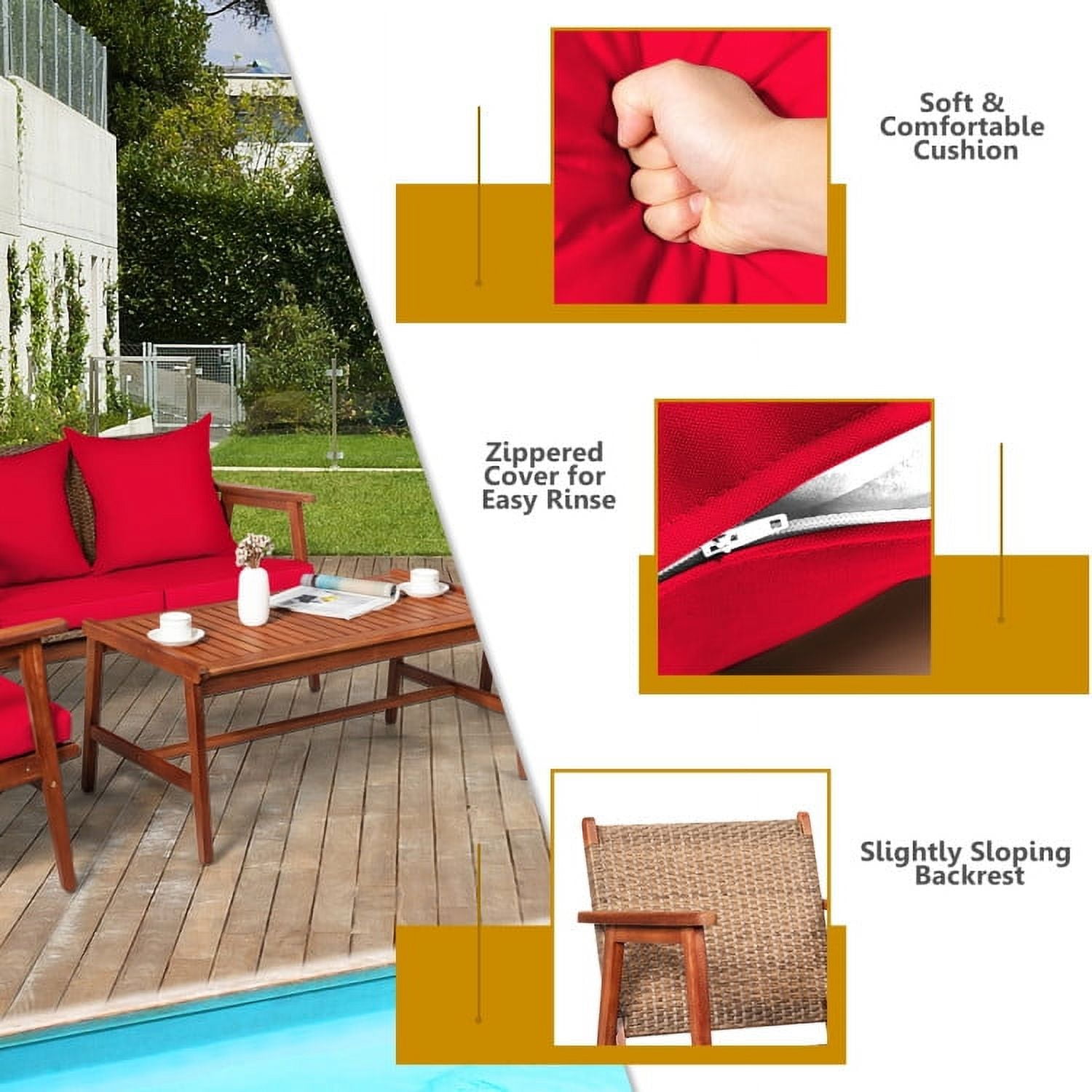 Aimee Lii 4 Pieces Patio Wicker Rattan Furniture Set for Lawn Backyard, Acacia Wood Patio Outdoor Patio Furniture, Red Aimee Lii 4 Pieces Patio Wicker Rattan Furniture Set for Lawn Backyard, Acacia Wood Patio Outdoor Patio Furniture, Red