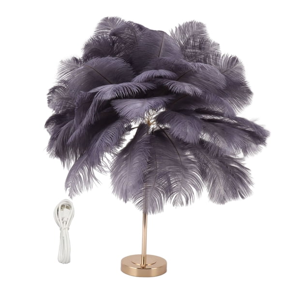 Lámpara de mesa de plumas, 3 colores, regulable, con interruptor táctil, enchufe USB, romántica, moderna, decorativa, para dormitorio, color gris.