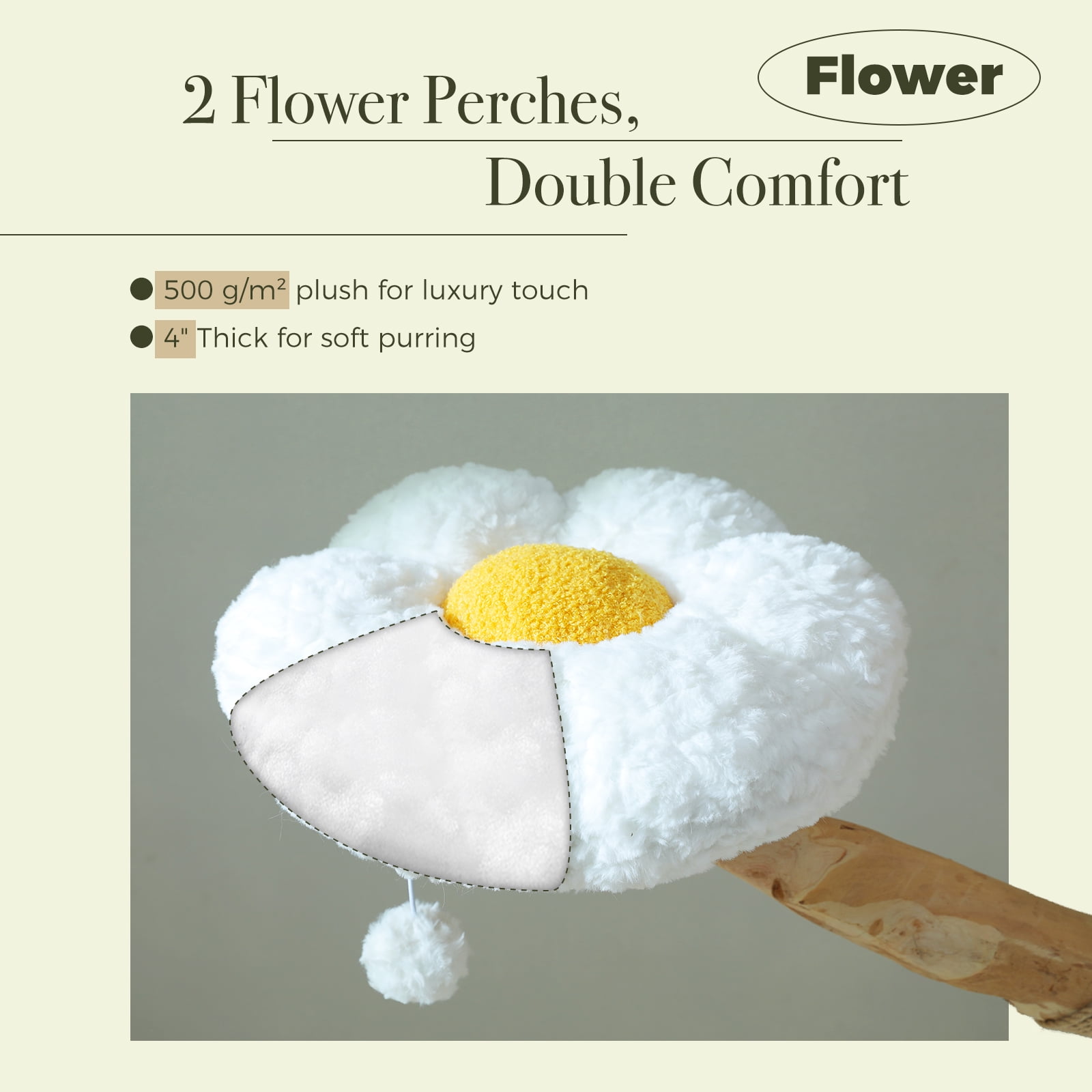 Pefilos 59" Modern Cat Tree Tower with 2 Flower Perches, Condo, Wicker Basket Bed, Boho Cat Furniture with Real Branch Scratching Post, White