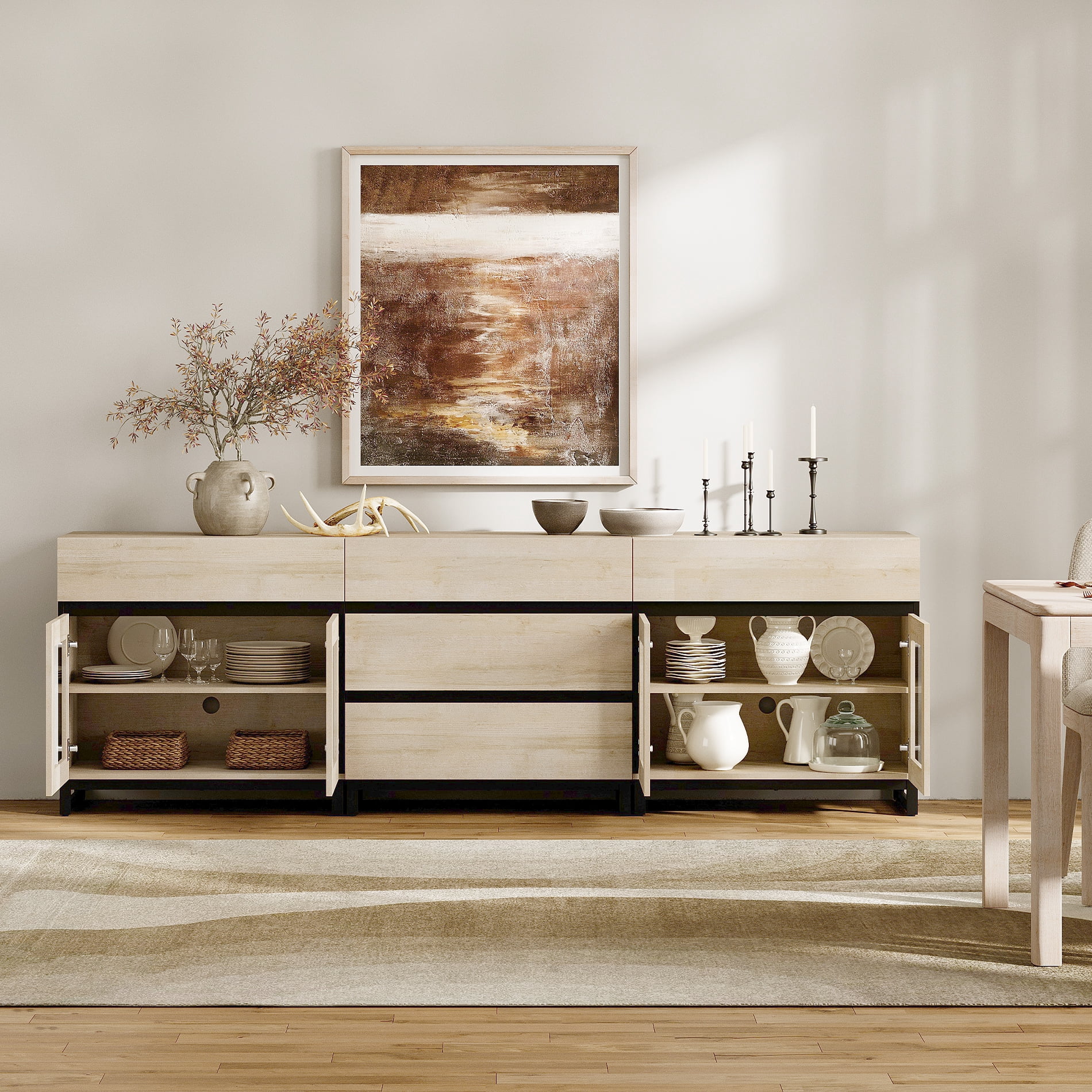 3 In 1 TV Stand For Tvs Up To 100 Inch, Modern TV Console With Glass Doors And 5 Drawers, Media Console With Adjustable Shelf For Living Room, Bedroom,Beige