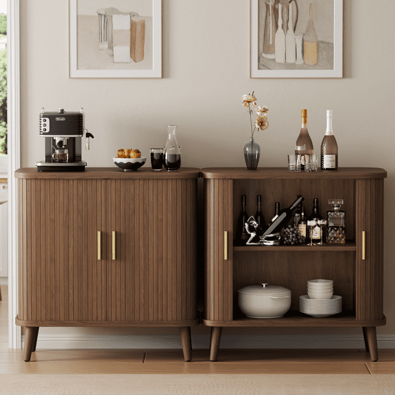 Laintene Sideboard, 31" Buffet Cabinet with 2 Sliding Tambour Doors, Adjustable Shelves for Kitchen Storage Cabinet, Mid-Century Modern Accent Cabinet for Living Room, Walnut Set of 2