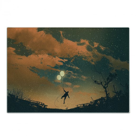 Fantasy Cutting Board, Flying Man with Balloons in Sky Starry Night Freedom Fun Theme Illustration, Decorative Tempered Glass Cutting and Serving Board, Small Size, Orange Ash Grey, by Ambesonne