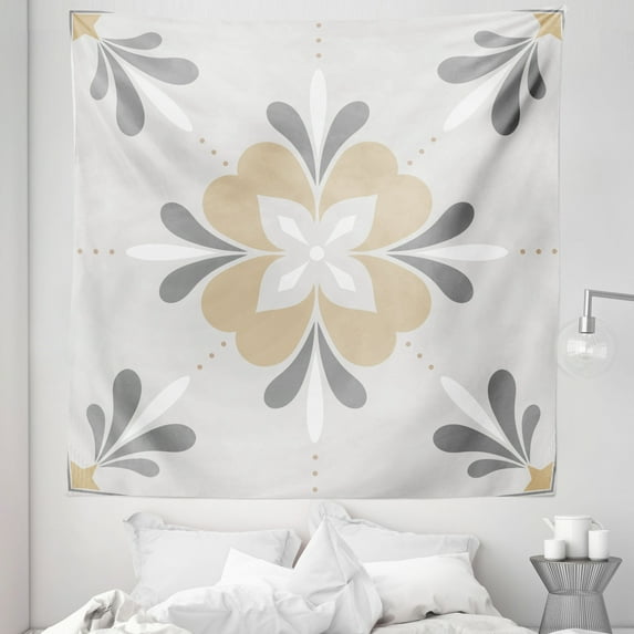Brown Floral Tapestry, Rebirth of the Earth Romantic Modern Expression of Blossoms Artwork, Fabric Wall Hanging Decor for Bedroom Living Room Dorm, 5 Sizes, Pearl Ecru and White, by Ambesonne